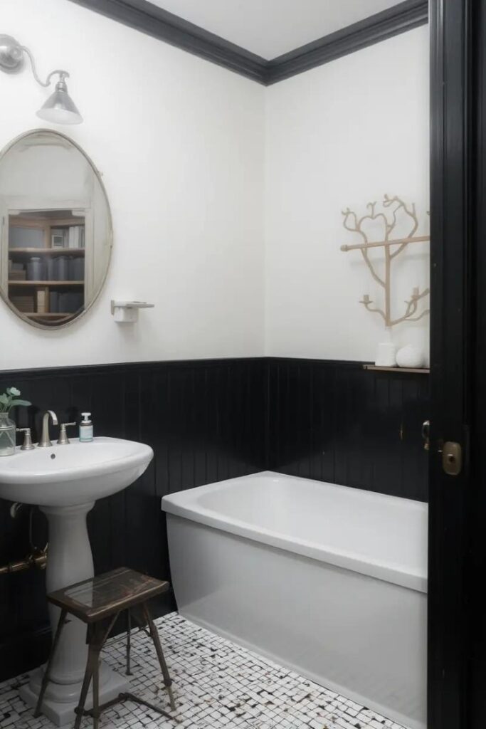 A black and white bathroom with two-tone walls for high contrast.