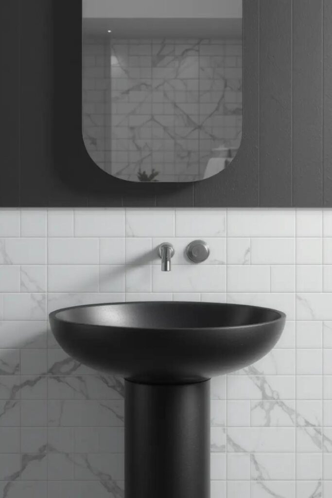 A black freestanding sink making a bold statement in a minimalist bathroom.