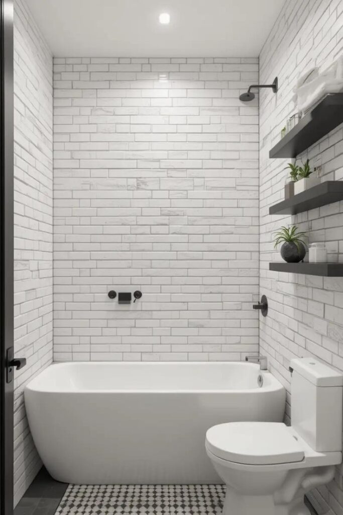 A bathroom with white brick walls and black trim for contrast and texture.