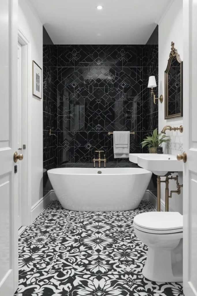 A black and white bathroom with a bold patterned floor for added character.