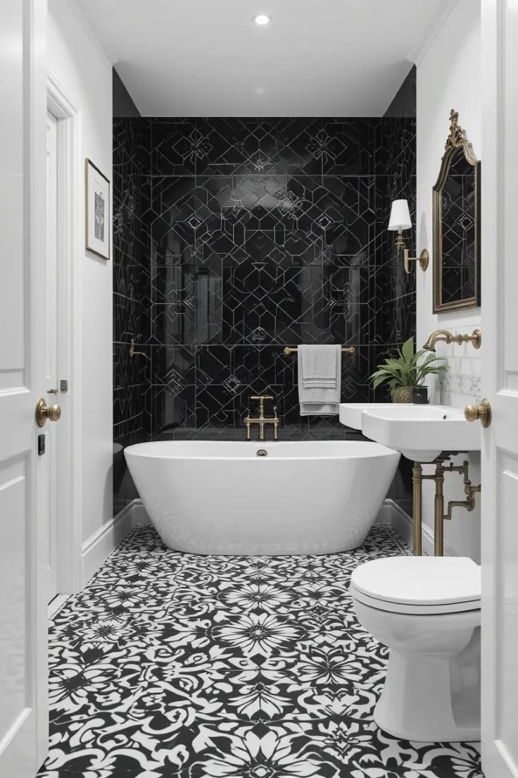 A black and white bathroom with a bold patterned floor for added character.
