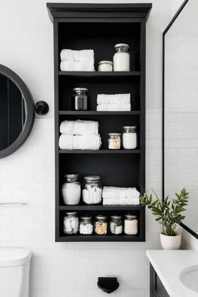 A bathroom with black built-in shelves for functional and stylish storage.
