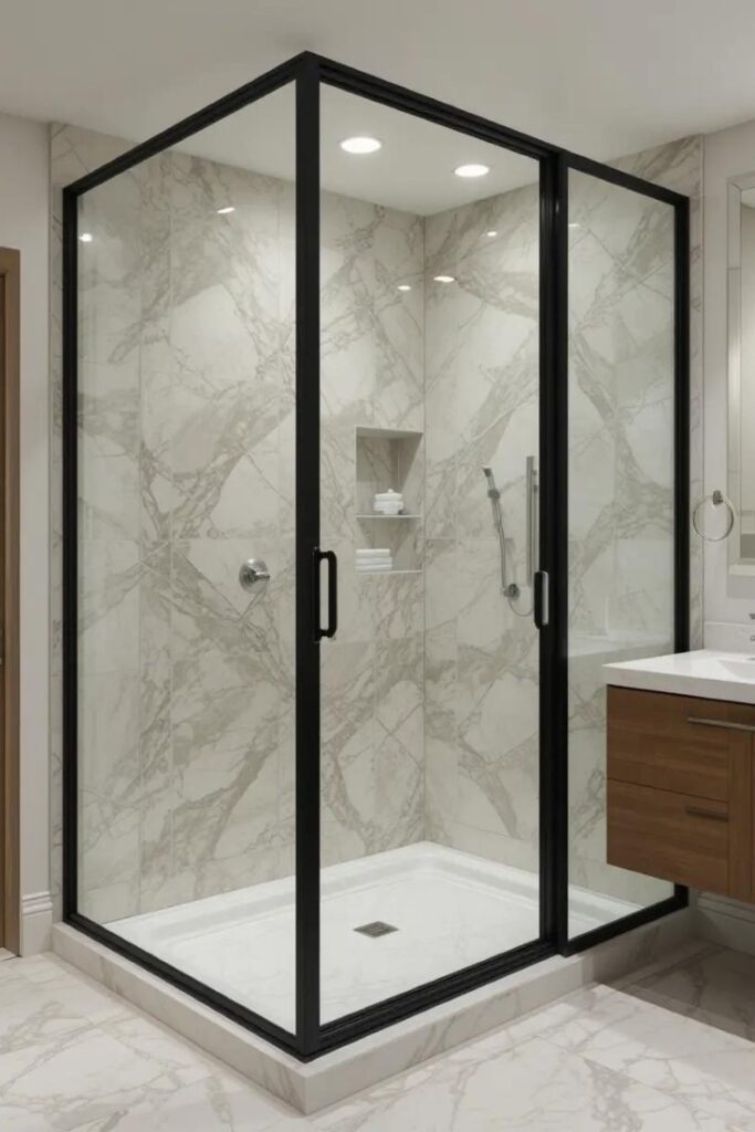 A black-framed glass partition adding structure while keeping the bathroom open.