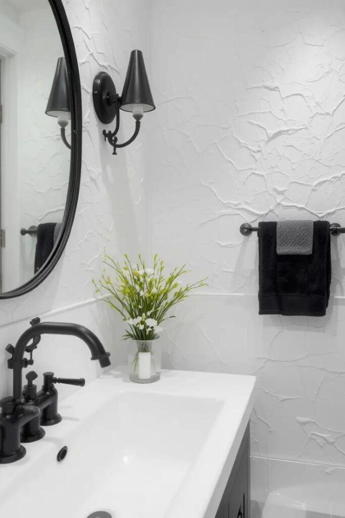 A bathroom with textured white walls and black fixtures for added depth.