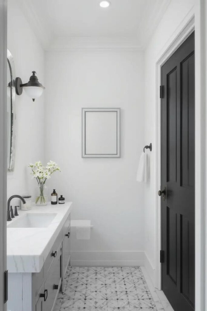 A bathroom with a black door adding a stylish contrast to white walls.
