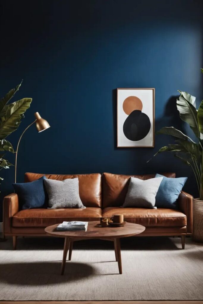 A minimalist living room with deep blue walls, a brown leather sofa, and a wooden coffee table.