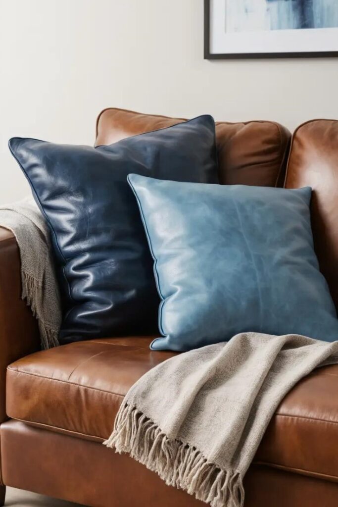 A brown leather sofa with neatly arranged blue throw pillows for contrast.
