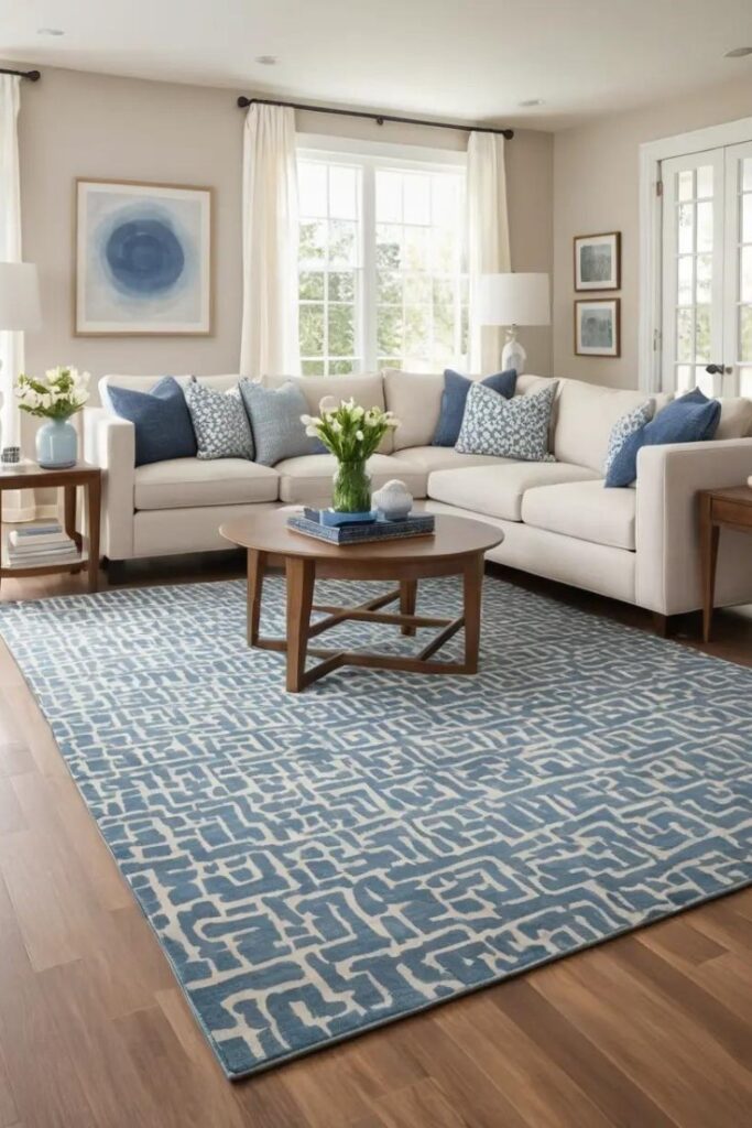 A spacious living room with a blue and brown patterned rug adding warmth and balance.