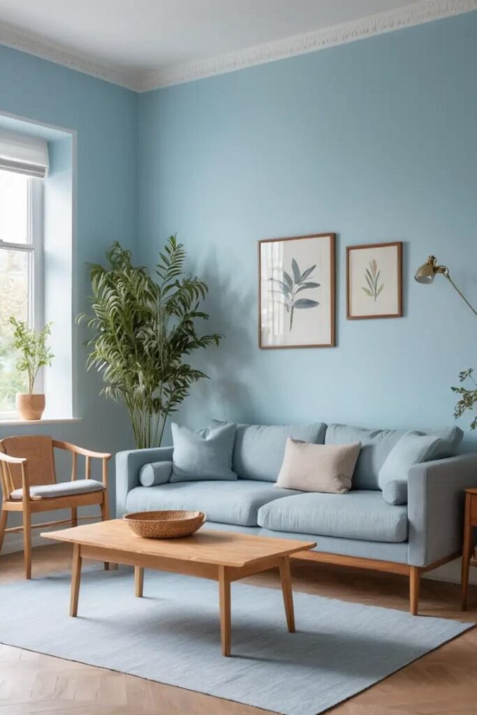 A light and airy living room with soft blue walls and minimal wooden furniture.