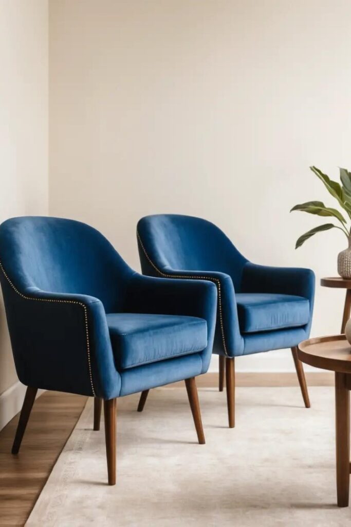Two elegant blue velvet chairs with a wooden coffee table in a clean living space.