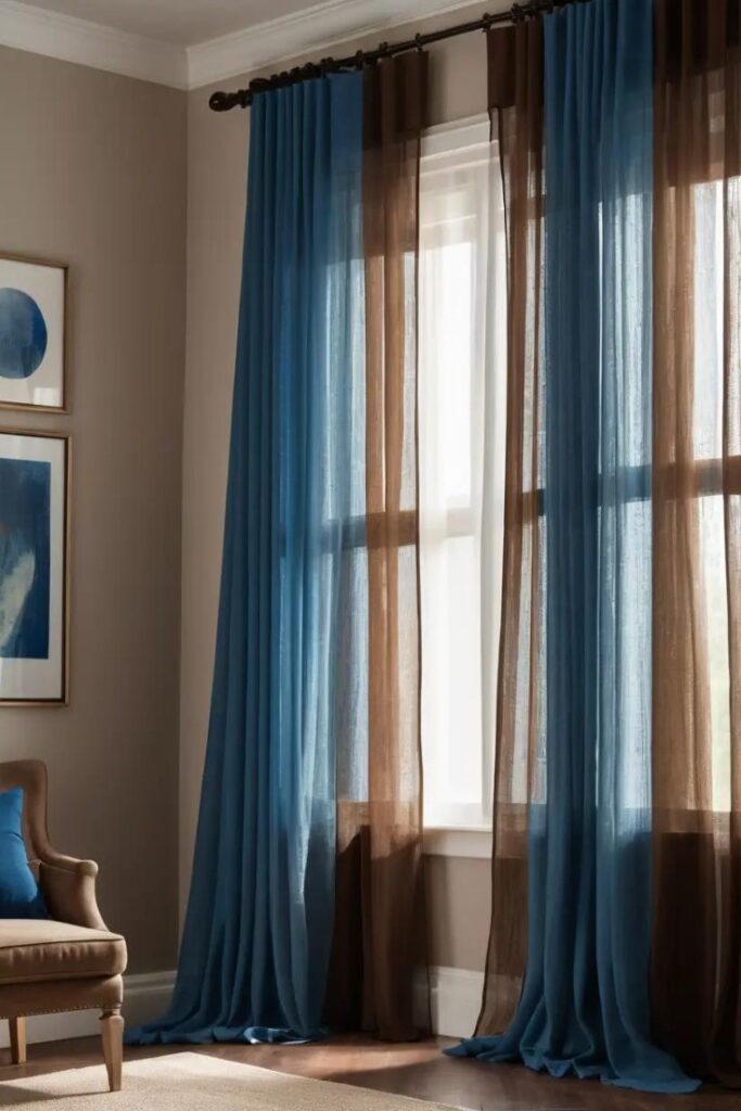 A bright living room with layered blue and brown curtains for a balanced look.