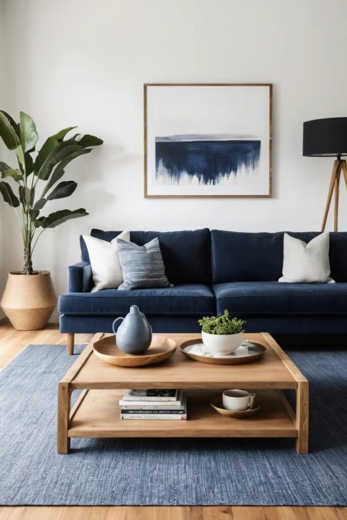 A modern navy blue sofa with a wooden coffee table in a simple, clean setting.
