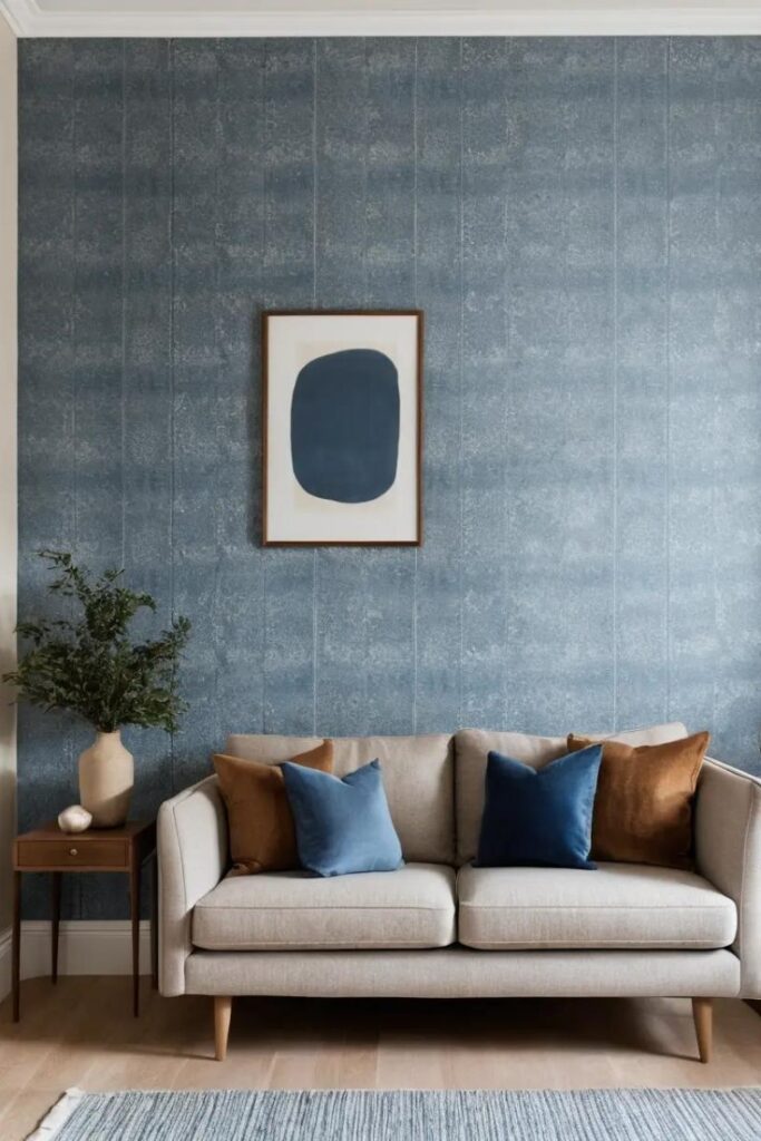 A living space with a blue and brown patterned accent wall for a unique touch.