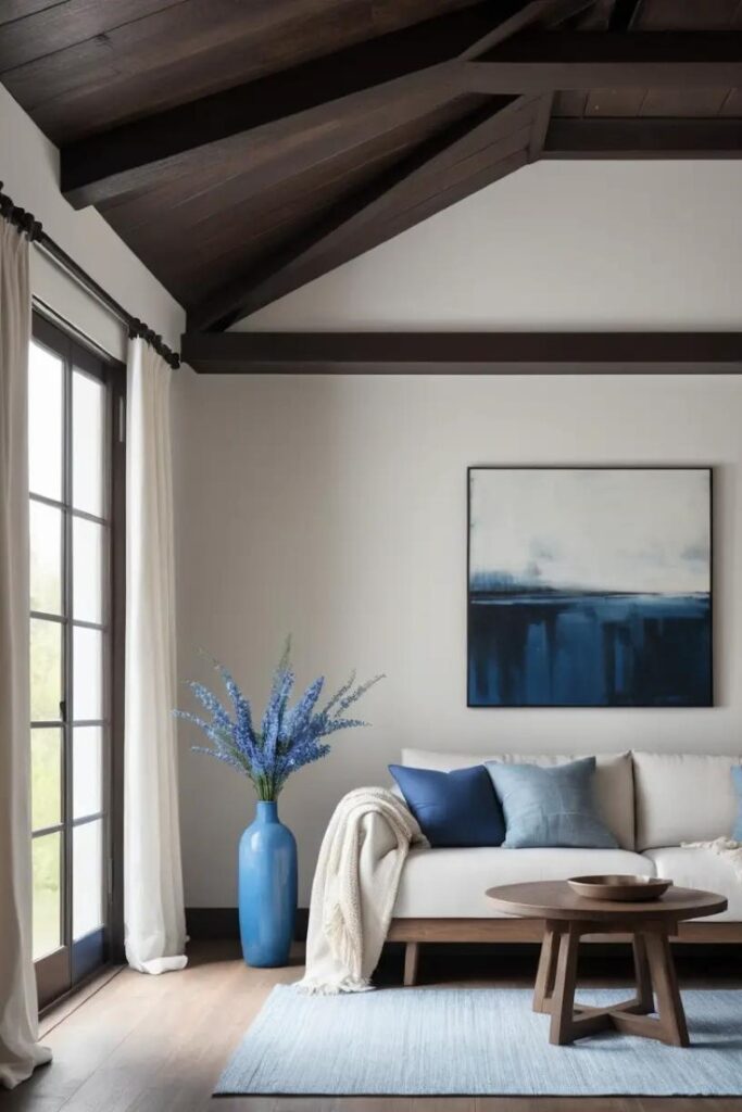 A clean living room with brown exposed beams and subtle blue decor accents.