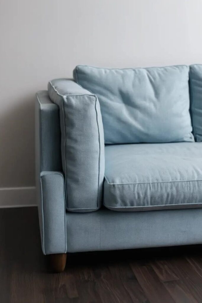 A bright living room with a light blue sofa and dark brown flooring for contrast.