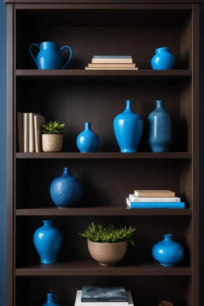 A dark brown bookshelf with blue vases and books for a clean, stylish look.
