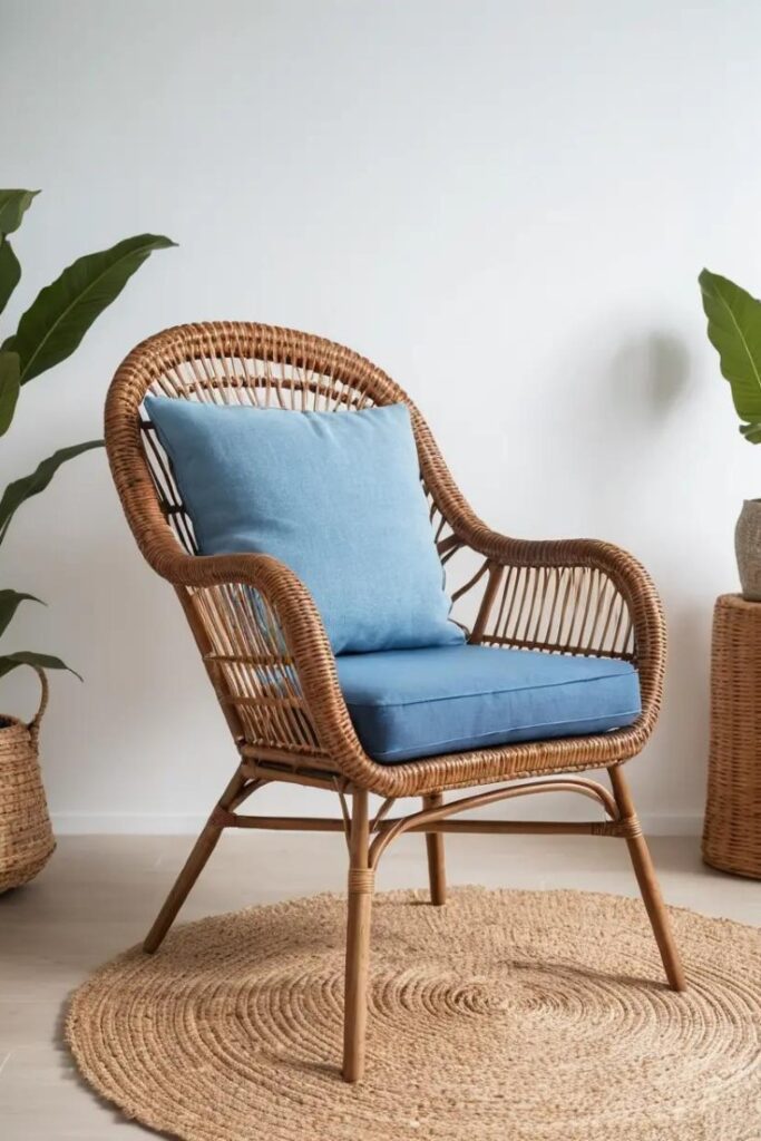 A simple wicker chair with a blue cushion in a clean and fresh living space.