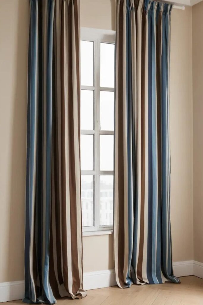 A bright window framed by blue and brown striped curtains in a classic design.