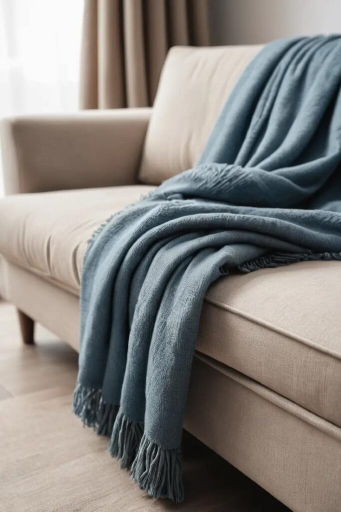 A cozy sofa with a layered blue and brown throw blanket for warmth.