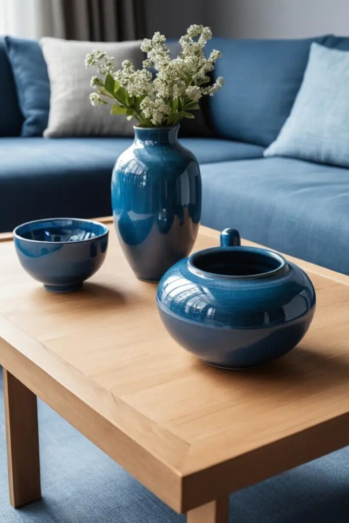 A clean wooden coffee table with blue ceramic decor for a touch of color.