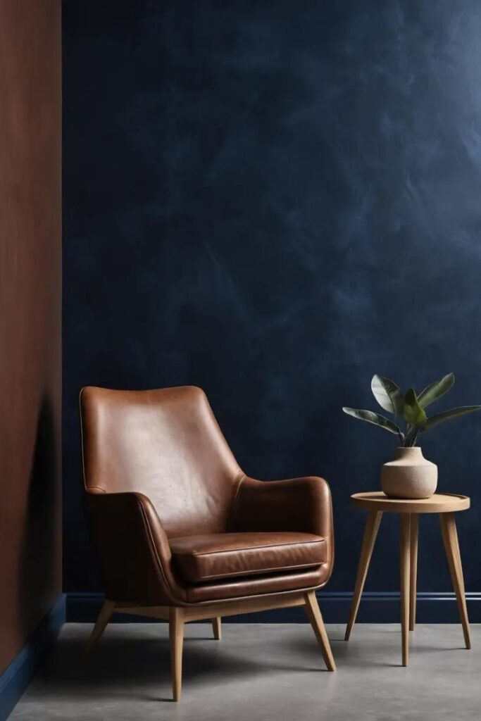 A stylish living space with navy blue wallpaper and a brown leather chair.