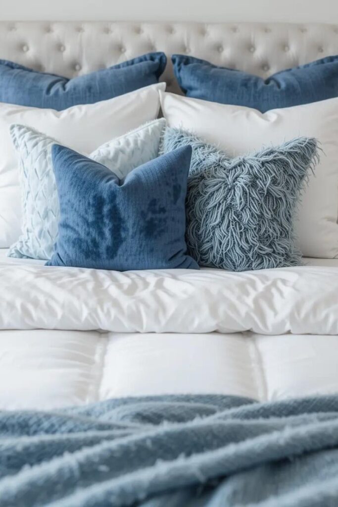 A white bed with blue throw pillows and a cozy blue blanket, creating a stylish and inviting look.