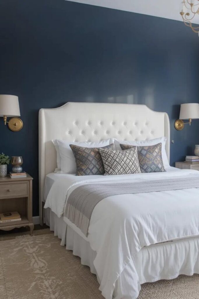 A bedroom with a bold navy blue accent wall, a white headboard, and gold decorative accents for an elegant feel.