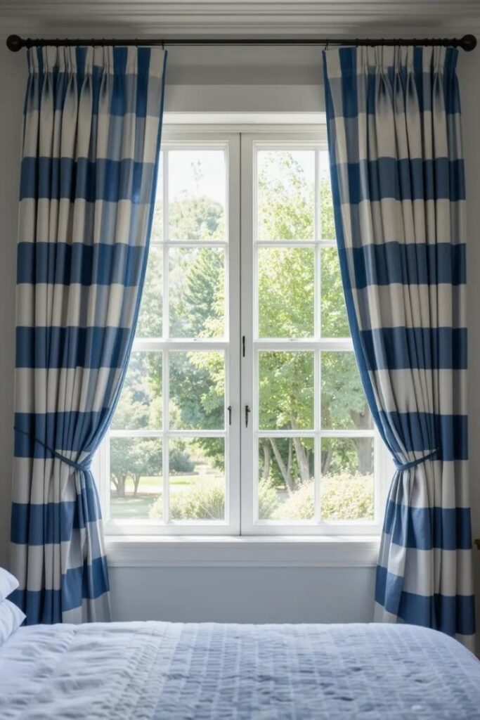 A bedroom with blue and white striped curtains, bringing a classic and airy touch to the space.