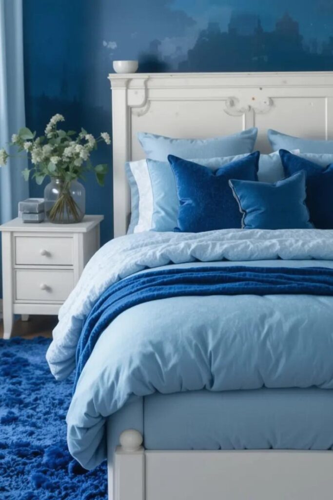 A bedroom with layered blue tones, combining light, navy, and cobalt shades for depth and interest.