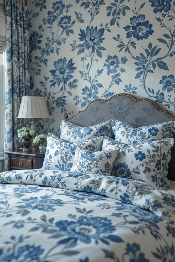 A bedroom with blue and white floral decor, including bedding and wallpaper, for a charming and refreshing feel.