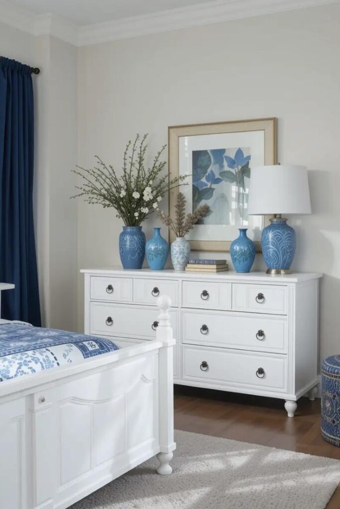 A bright bedroom with white furniture and blue decorative accents, creating a clean and stylish look.