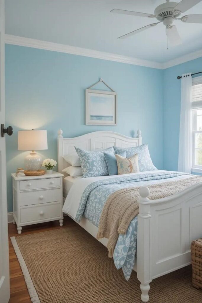A coastal-style bedroom with light blue walls, white furniture, and nautical-inspired decorations for a relaxed feel.