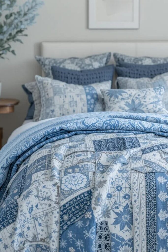 A bedroom with layered blue and white textiles, creating a soft and inviting atmosphere.
