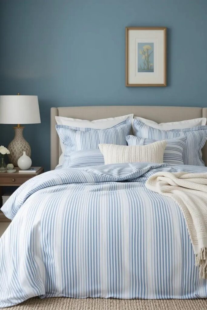 A cozy bedroom with soft blue and white striped bedding for a subtle yet stylish pattern.