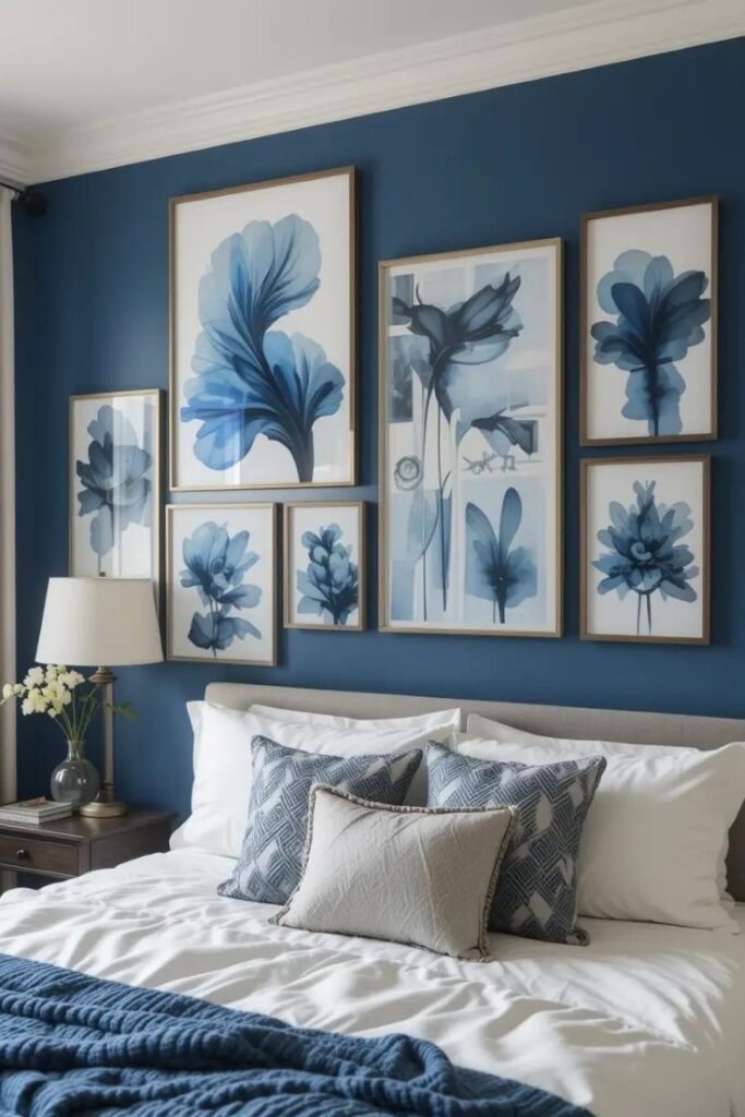 A bedroom with a blue and white gallery wall, adding artistic and decorative interest.