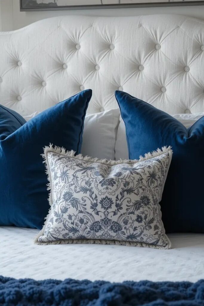 A cozy bedroom with a white upholstered headboard, blue pillows, and soft bedding for a sophisticated touch.