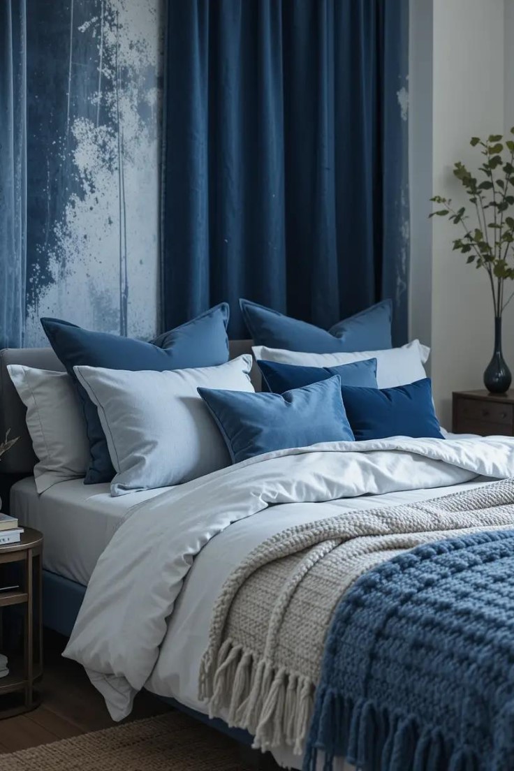A bedroom featuring mixed blue textiles, layering different fabrics for a cozy and inviting feel.