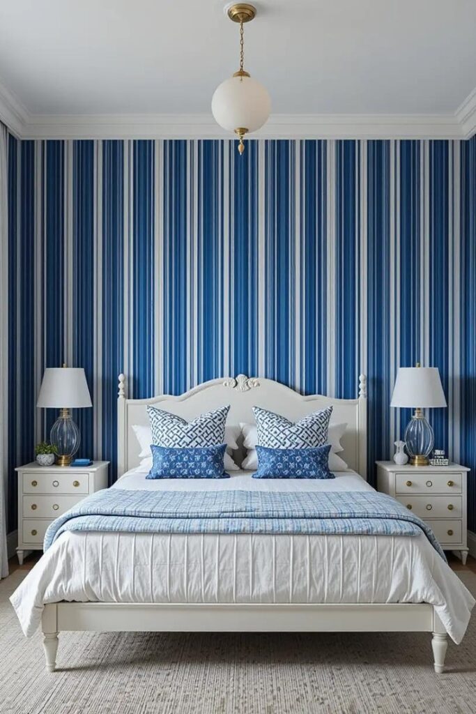 A bedroom featuring blue and white striped wallpaper for a polished and tailored design.