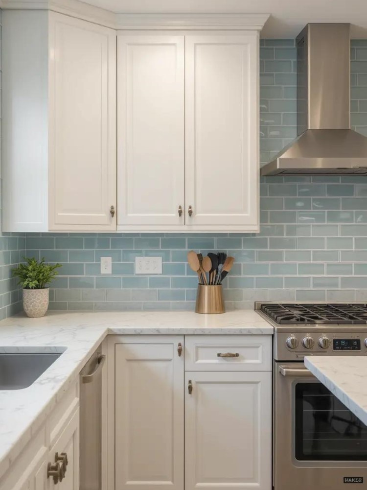 A light blue subway tile backsplash adding a subtle pop of color to a white kitchen.