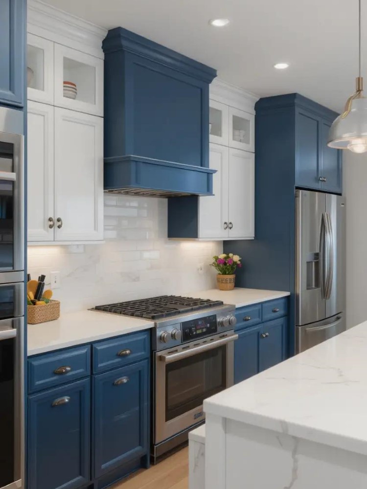 A two-tone kitchen with blue lower cabinets and white upper cabinets for a balanced contrast.