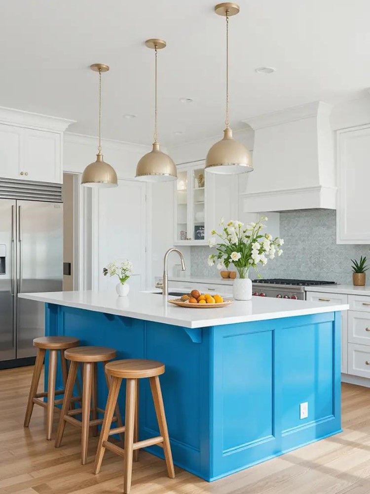 A blue kitchen island serving as a statement piece in a modern kitchen.