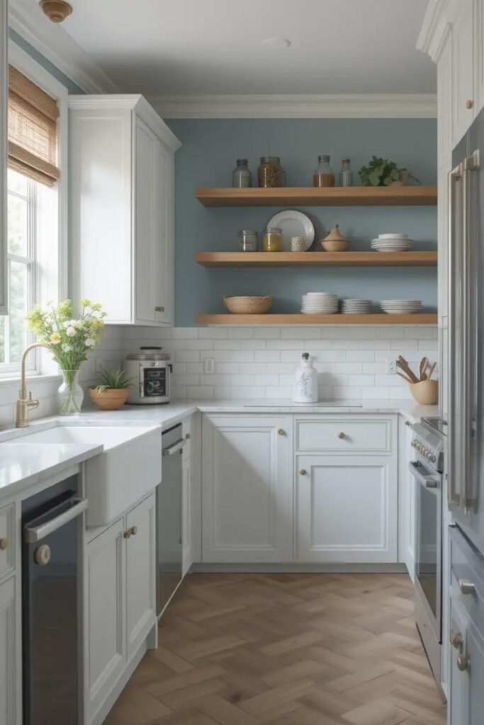 Soft blue kitchen walls paired with white cabinets and wooden accents for a calming effect.