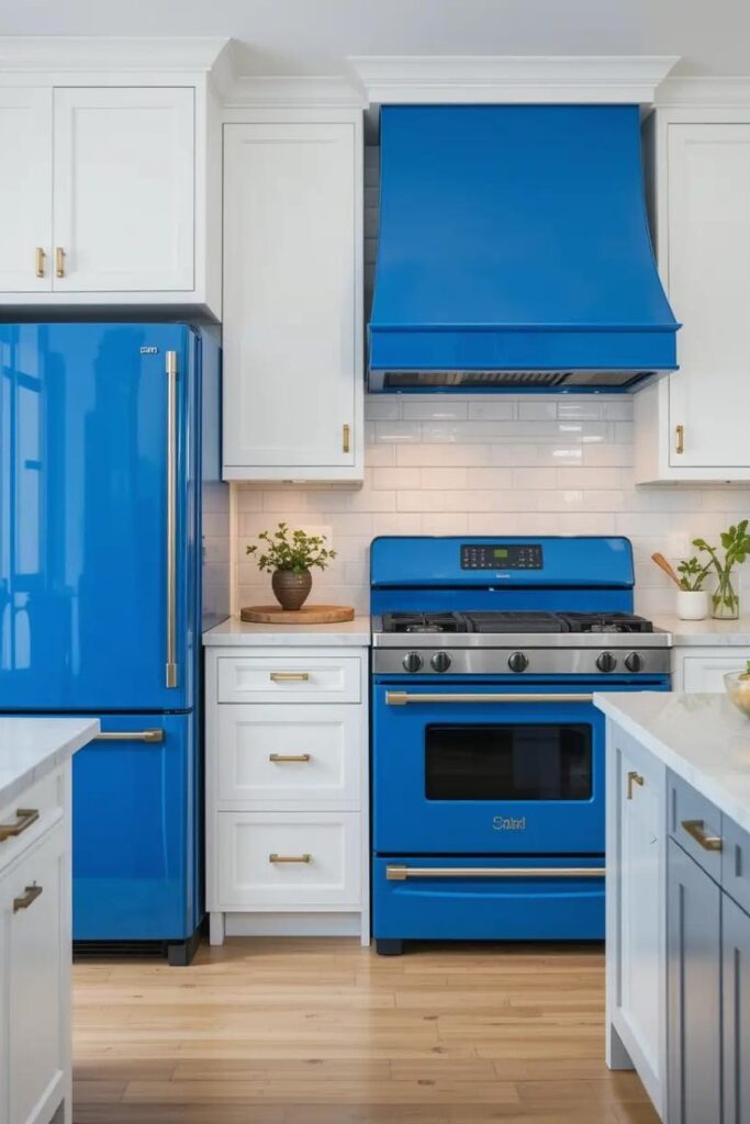 Cobalt blue appliances adding a bold and stylish touch to a contemporary kitchen.