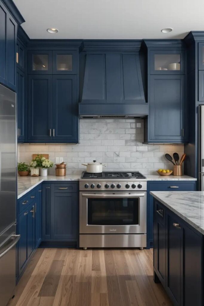 Blue cabinets paired with gray countertops for a contemporary and stylish kitchen.