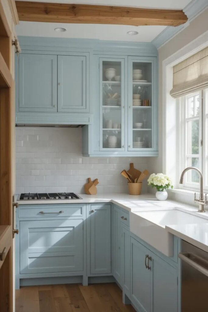A coastal-inspired kitchen with soft blue cabinets and clean, natural accents.