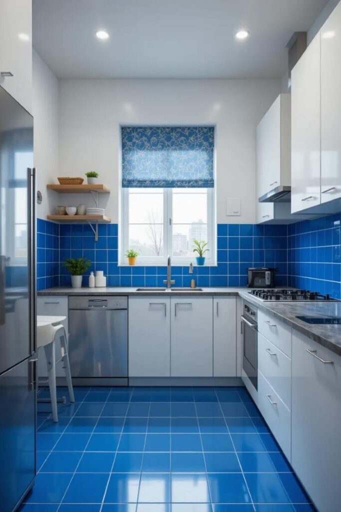 A minimalist kitchen with a bold blue tiled floor and a clean design.