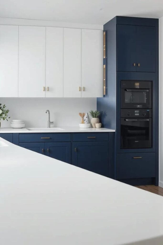 A modern kitchen featuring navy and white cabinets for a crisp, stylish contrast.