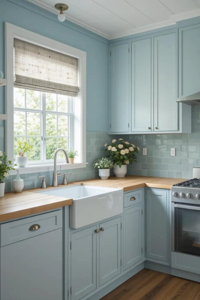 A clean and calming kitchen with soft blue walls and warm wood accents.