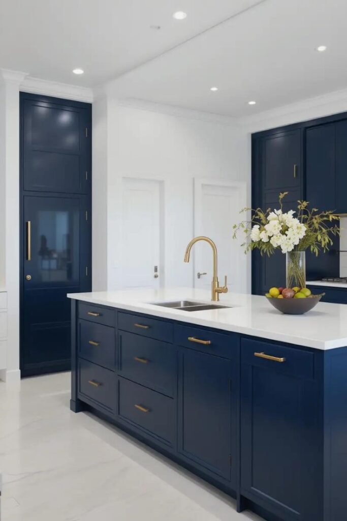 A navy blue kitchen island with gold hardware as a sophisticated yet simple centerpiece.