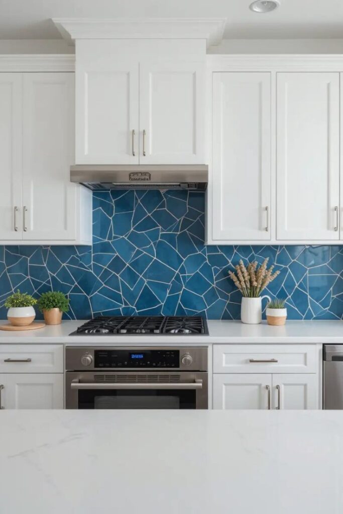A blue patterned backsplash adding subtle texture to a minimalist kitchen.